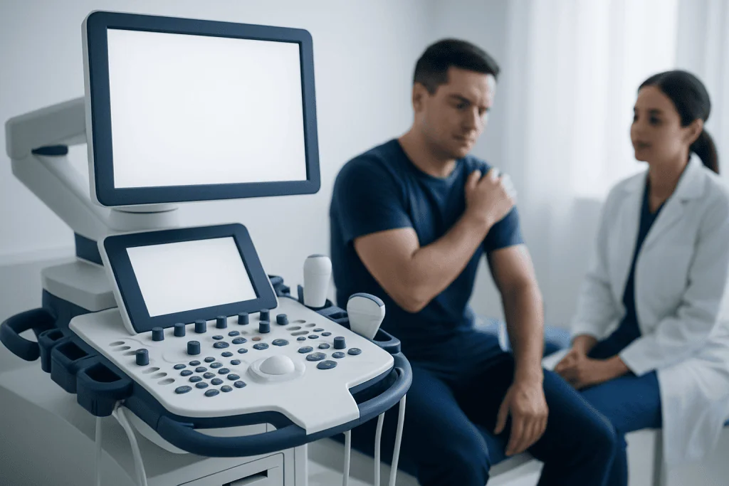 Patient consulting with doctor during shoulder examination in clinic.