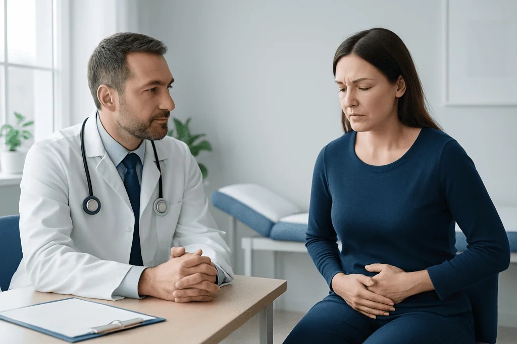 Doctor consulting a woman patient about stomach pain or discomfort.