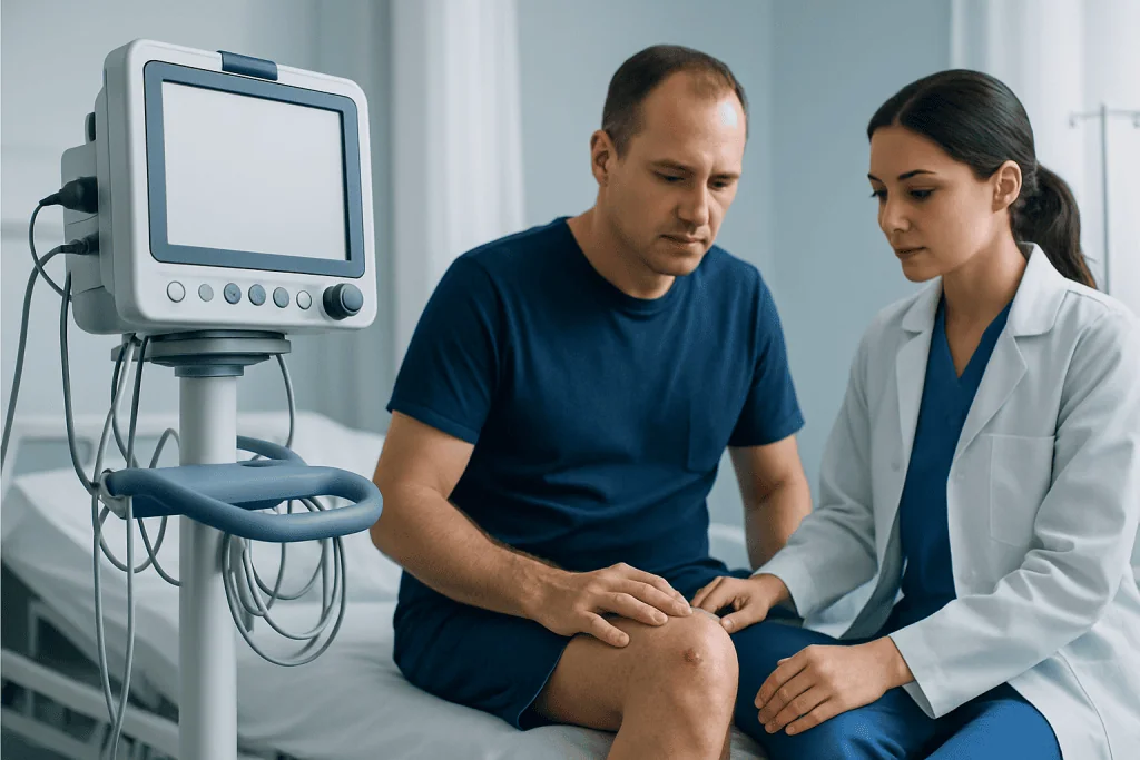 Doctor examining patient's knee in hospital setting.