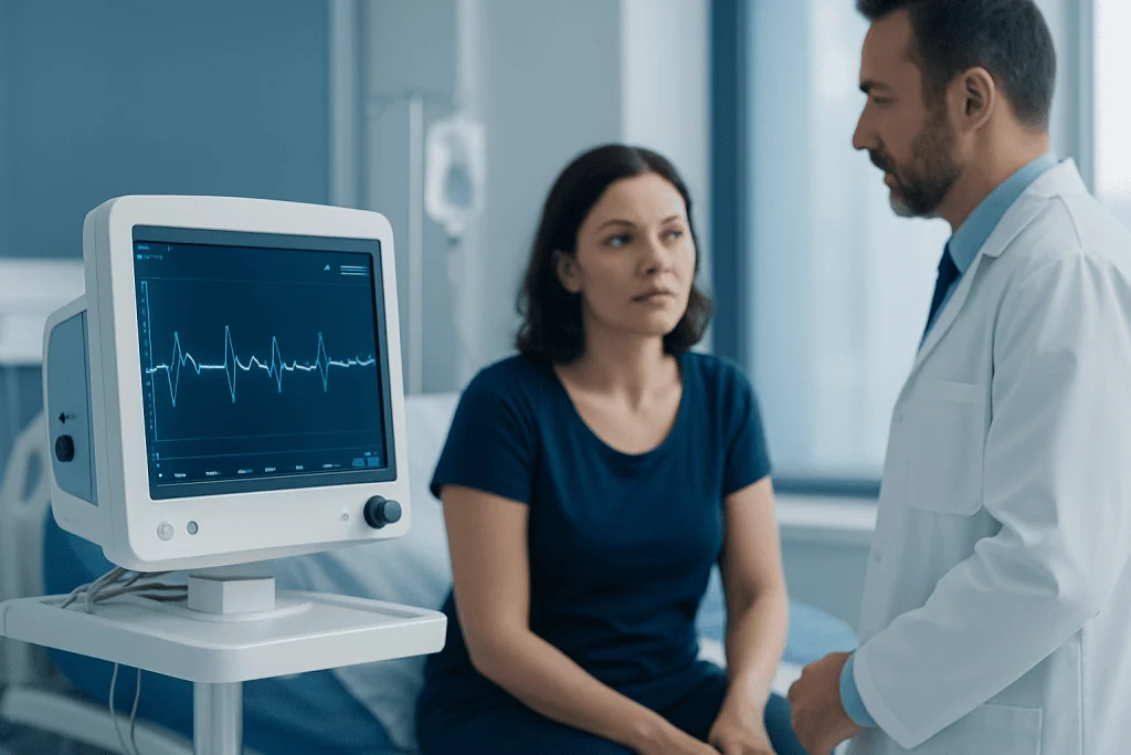 Doctor explaining ECG results to a patient in a hospital room.