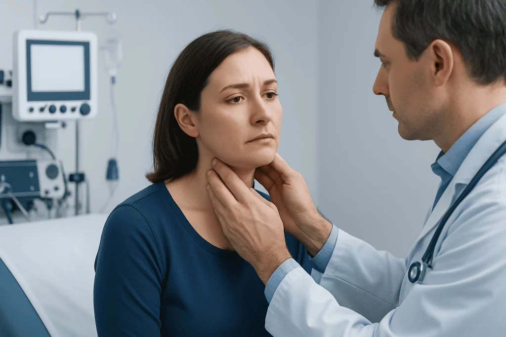 Doctor examining a woman's neck for swollen lymph nodes in a clinical setting.