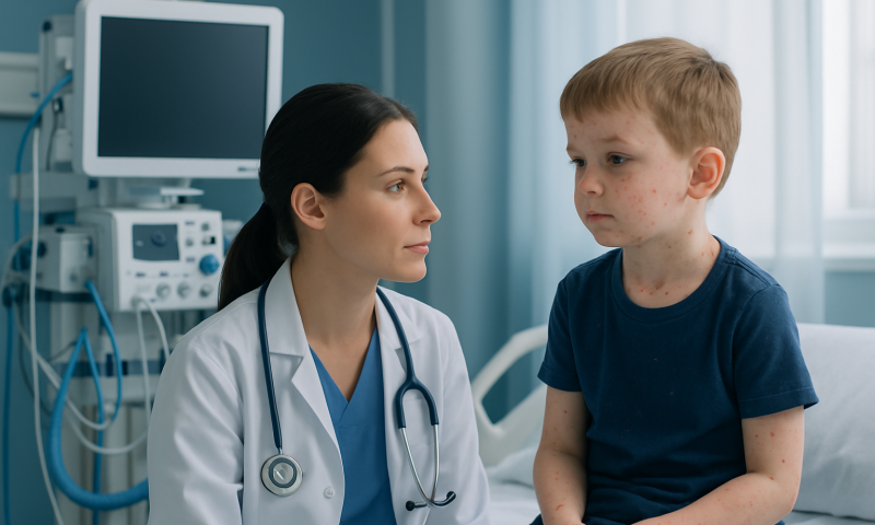Chickenpox in Children: Symptoms, Itching Relief, and When to See a Doctor 3 Doctor examining a young boy with chickenpox symptoms in a hospital room.