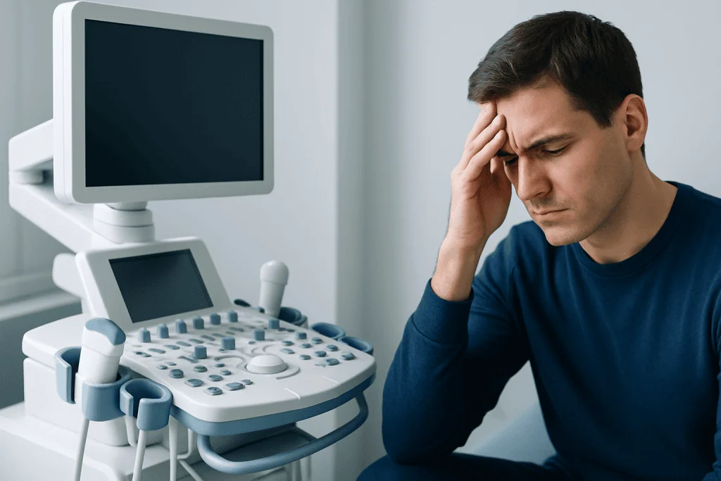Man experiencing headache during medical ultrasound examination at hospital.