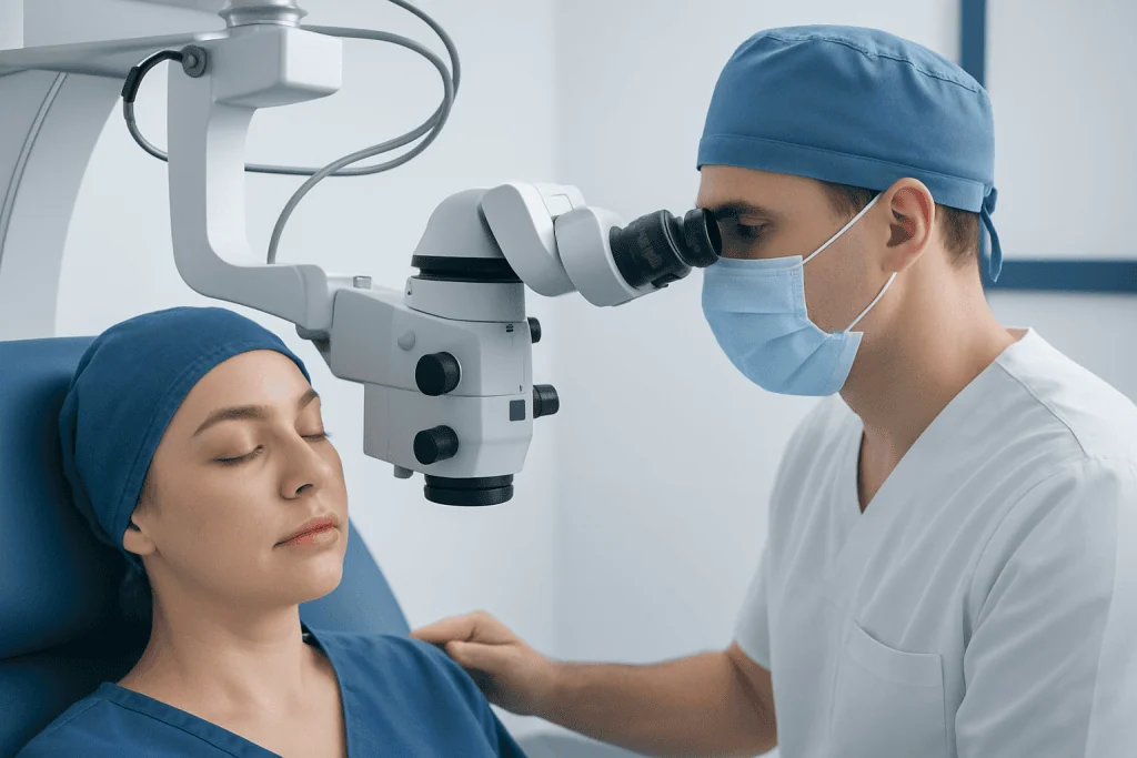 Ophthalmologist examining patient's eye with a surgical microscope at Acibadem Hospital.