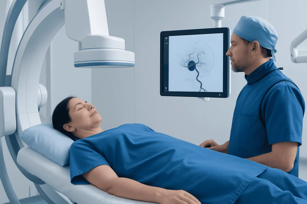 Interventional radiologist monitors brain aneurysm imaging during procedure.