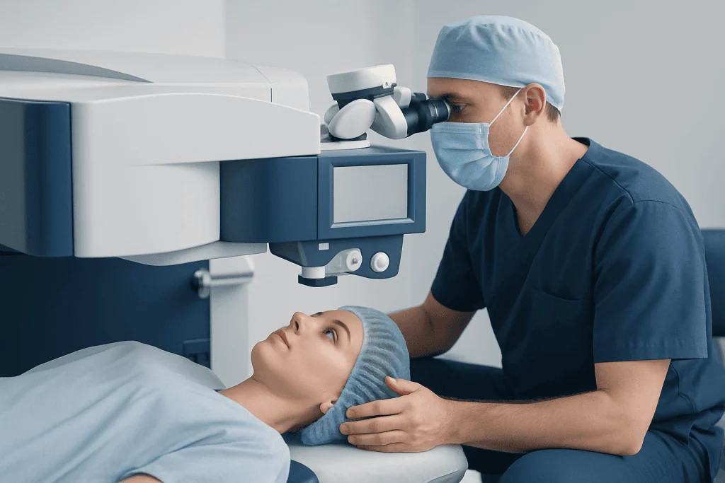 Surgeon performing eye surgery with advanced equipment at Acibadem Hospital.