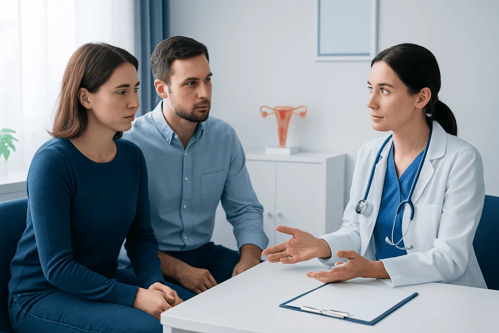 Fertility consultation with doctor and couple in clinic setting.