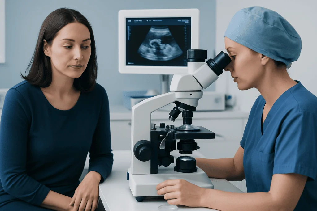 Doctor examines ultrasound image during fertility consultation at Acibadem Hospital.