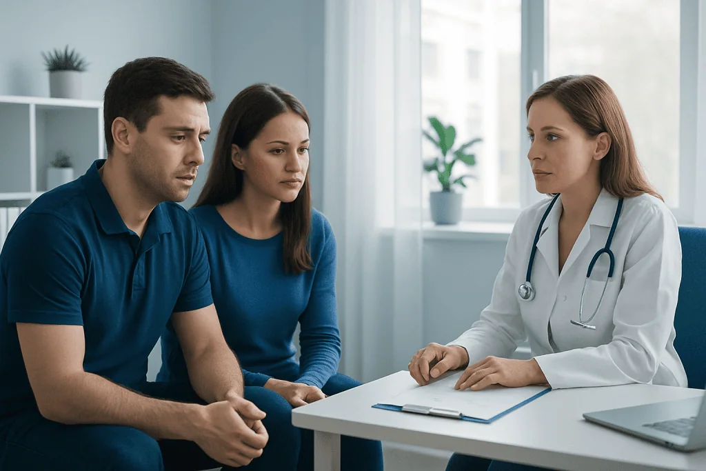 Doctor consulting with couple about fertility health in a clinic setting.