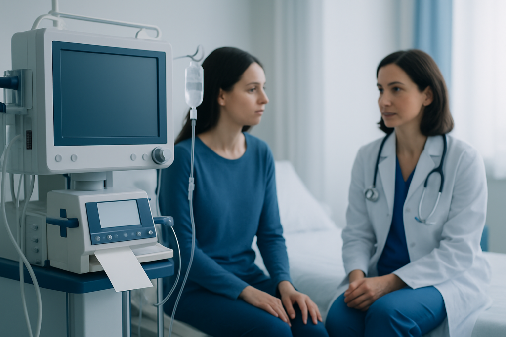 Doctor consulting with patient in hospital room with medical equipment.