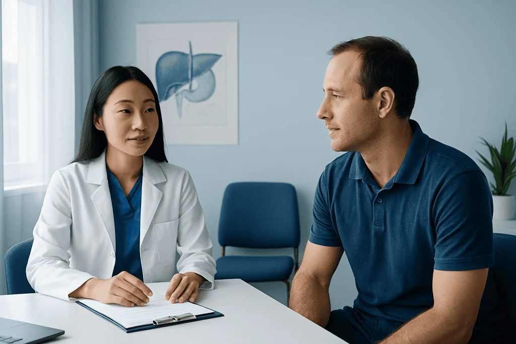 Doctor consulting with a patient in a medical office setting.