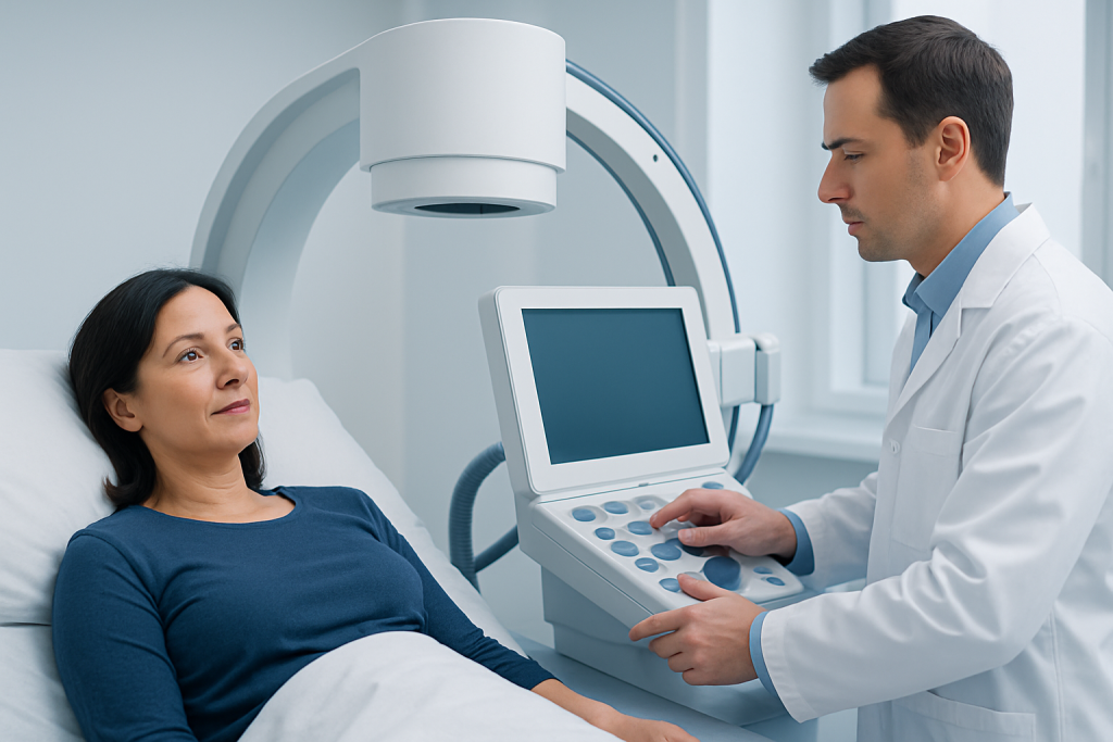 Doctor performing ultrasound scan on female patient in hospital room.