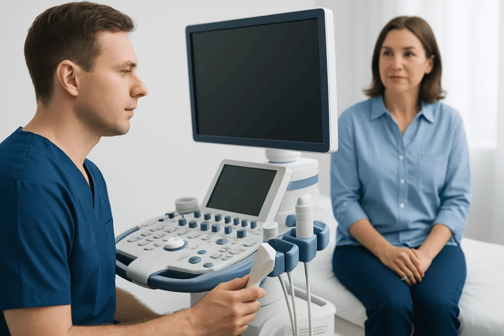 Medical professional performing an ultrasound examination on a patient.