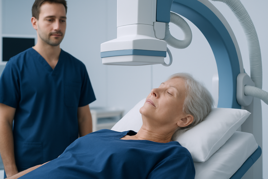 Medical professional preparing for carotid artery stenting procedure.