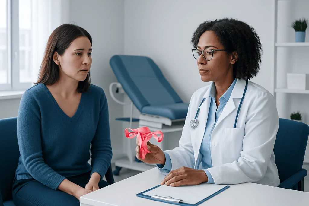 Doctor explaining results to patient in a medical consultation room.