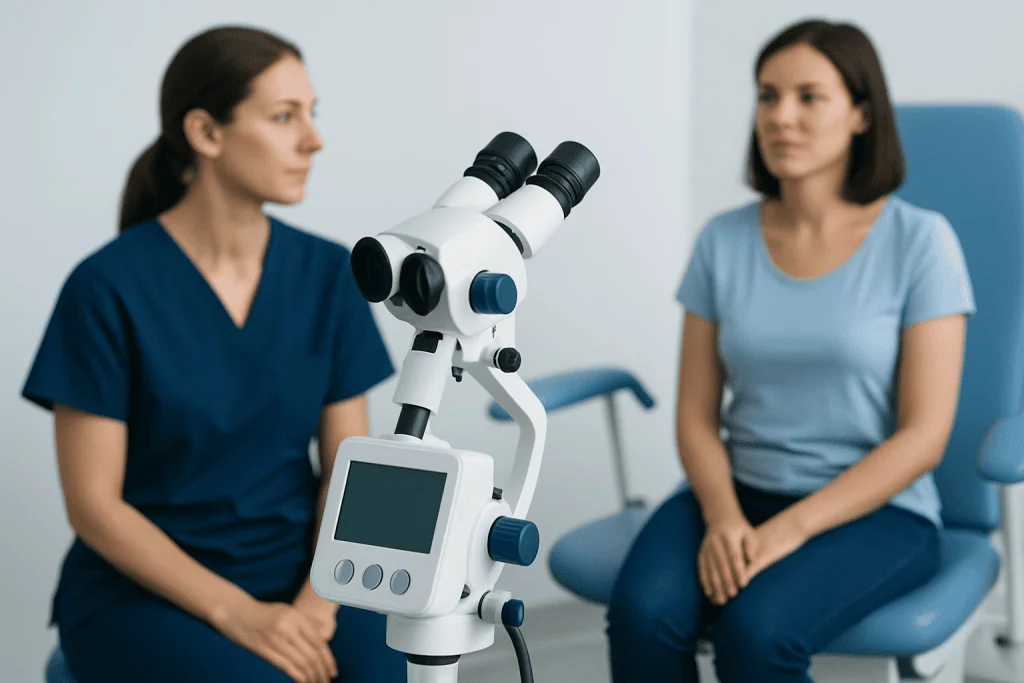 Doctor and patient in consultation with medical microscope in clinic.