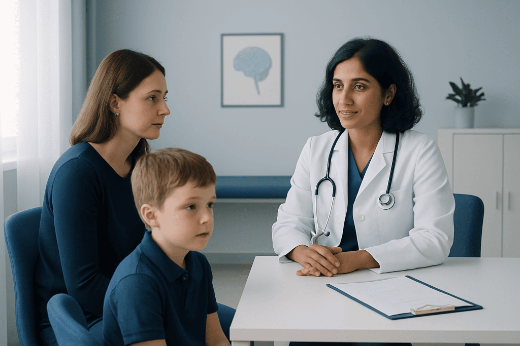 Pediatric neurology consultation with doctor and young patients in clinic.