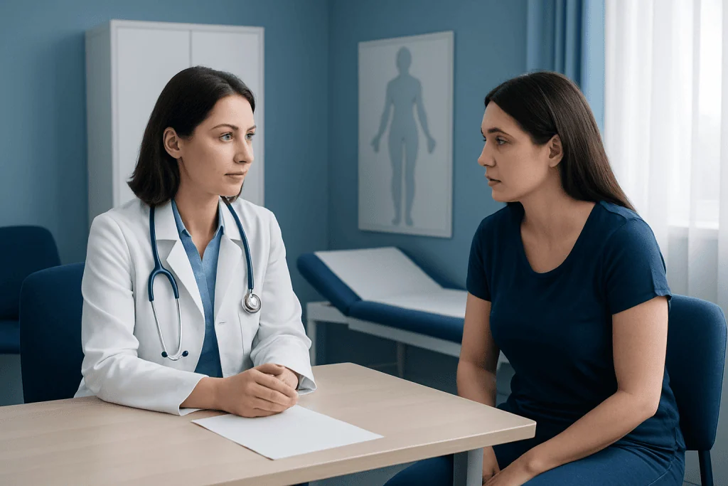 Doctor consulting with a woman patient in a medical office.