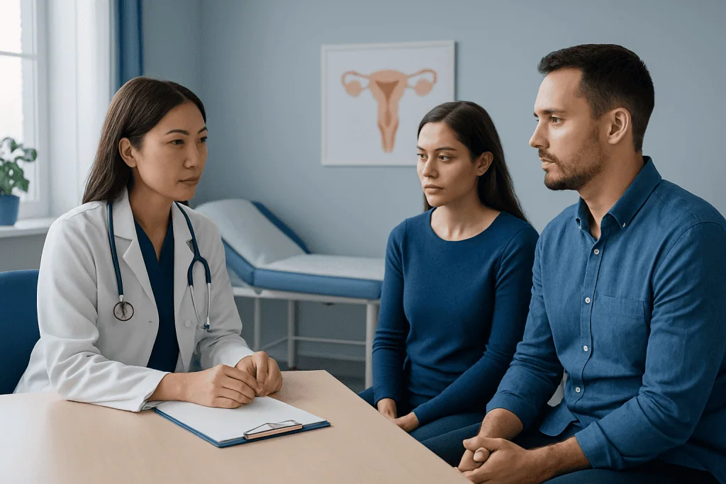 Fertility consultation with doctor and couple in a medical office.
