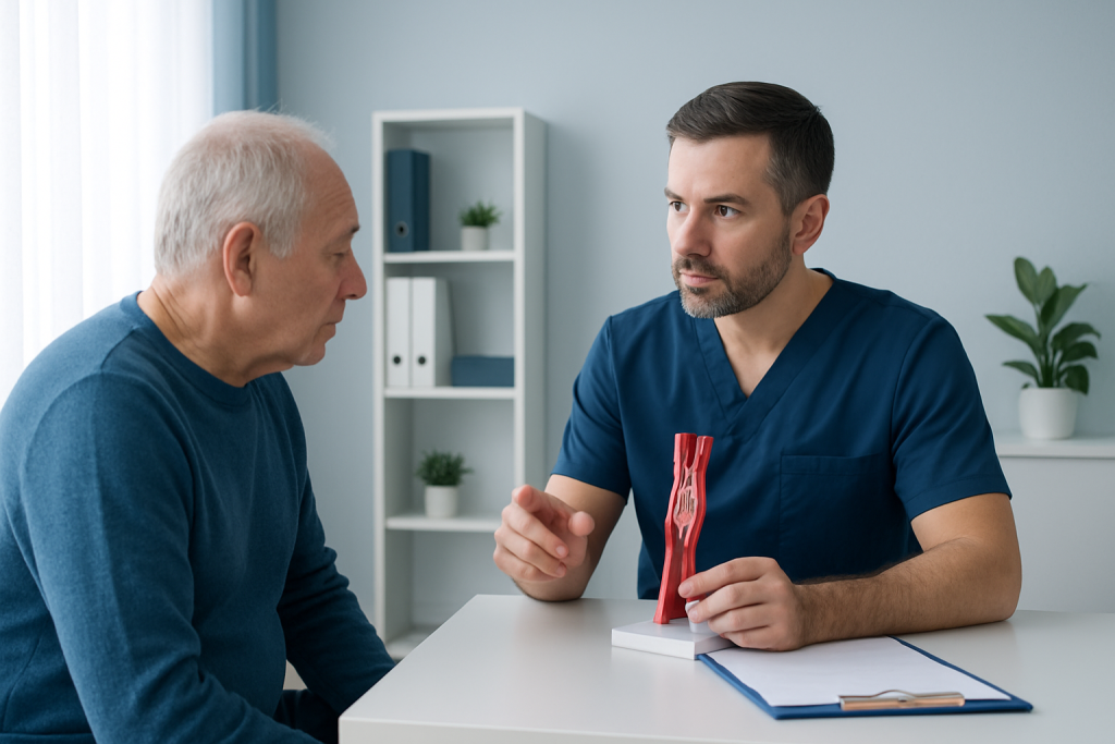 Doctor explaining carotid artery stenting to an elderly patient in consultation room.