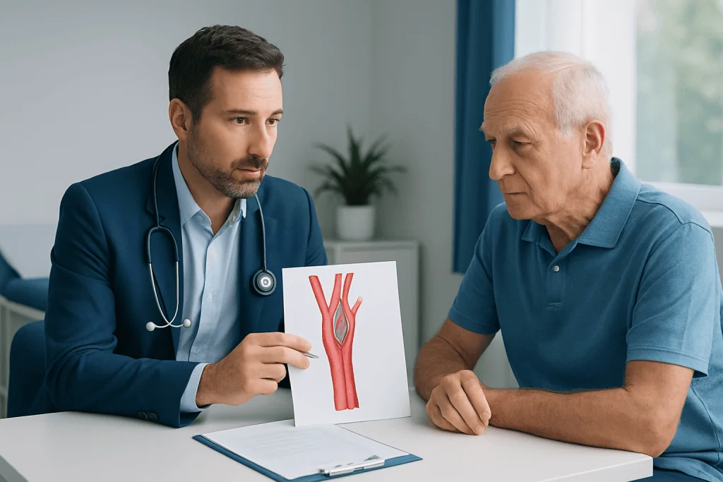 Doctor explaining carotid artery diagram to elderly patient.
