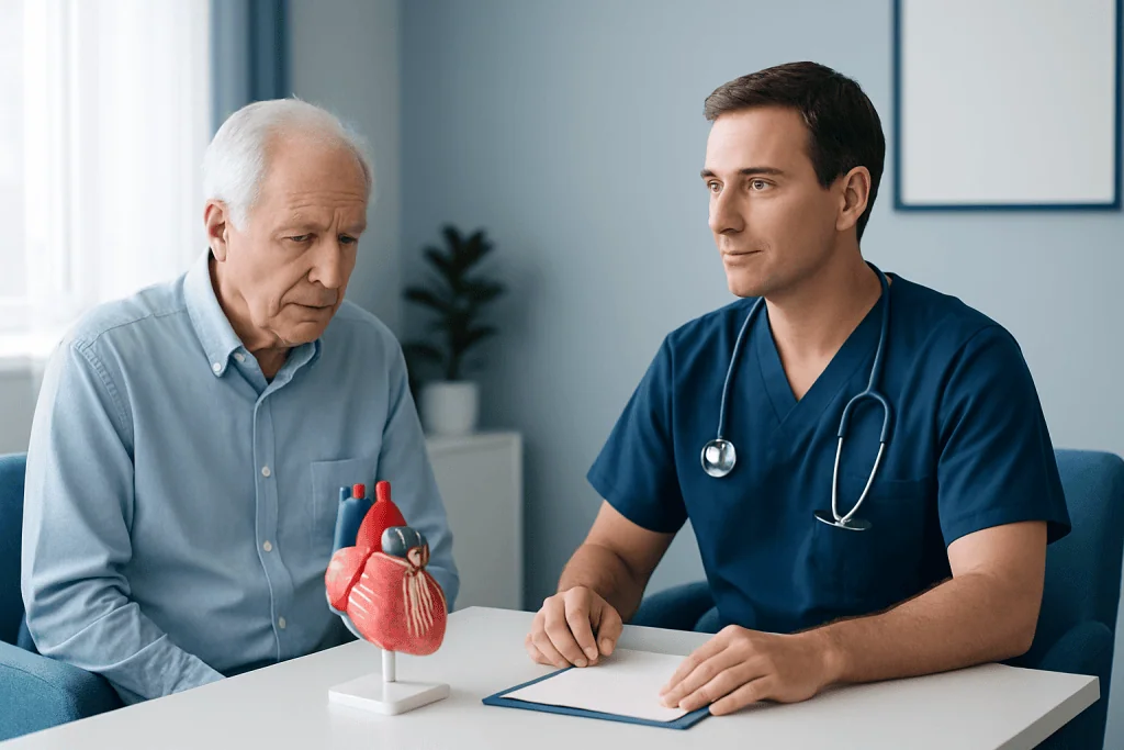 Cardiologist explaining heart valve issues to an elderly patient with a heart model.