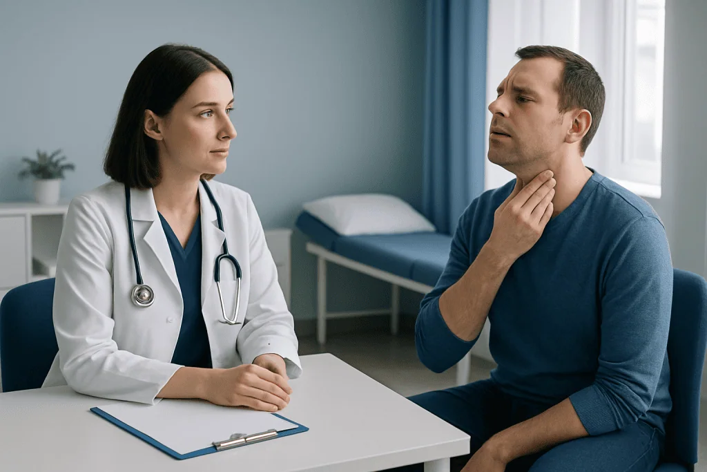 Doctor consulting with a male patient about throat issues in a clinic.