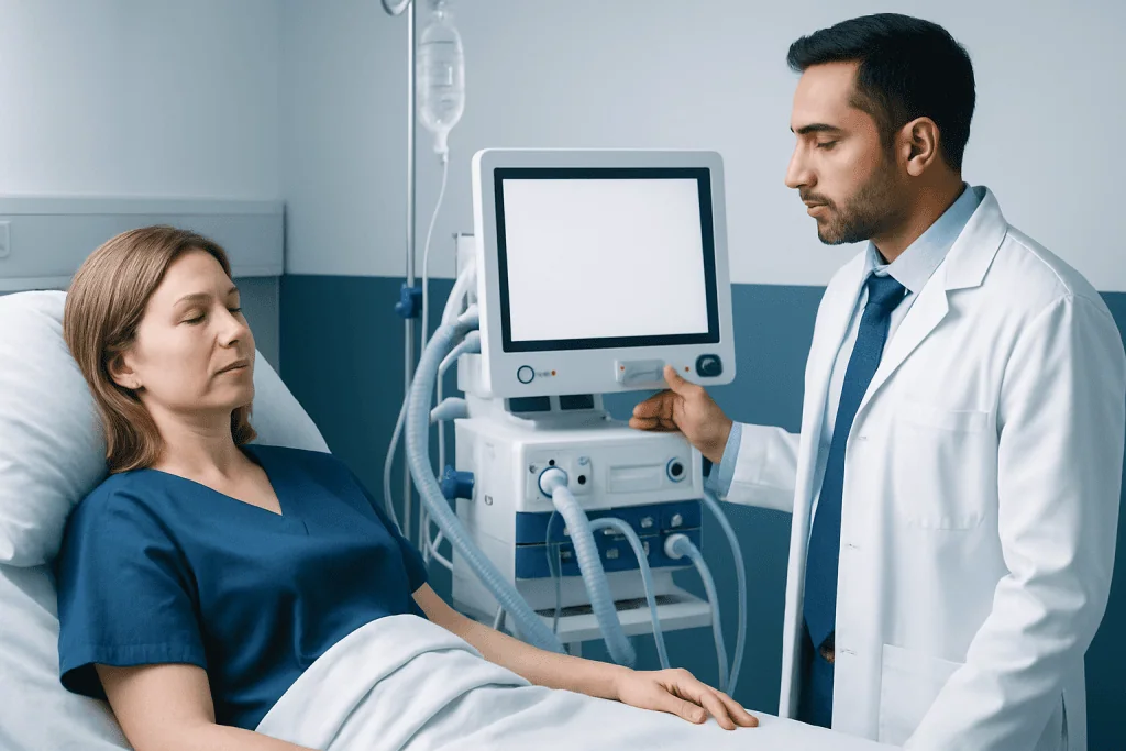 Doctor monitoring patient with encephalitis symptoms in hospital.