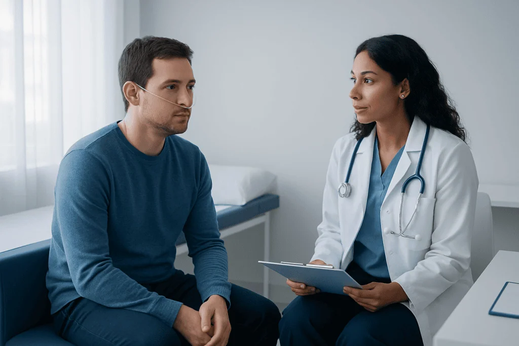 Doctor consulting with patient about lung health in a clinical setting.
