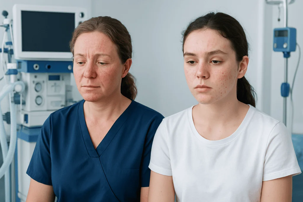 Doctor and young woman with facial skin issues in a medical clinic.