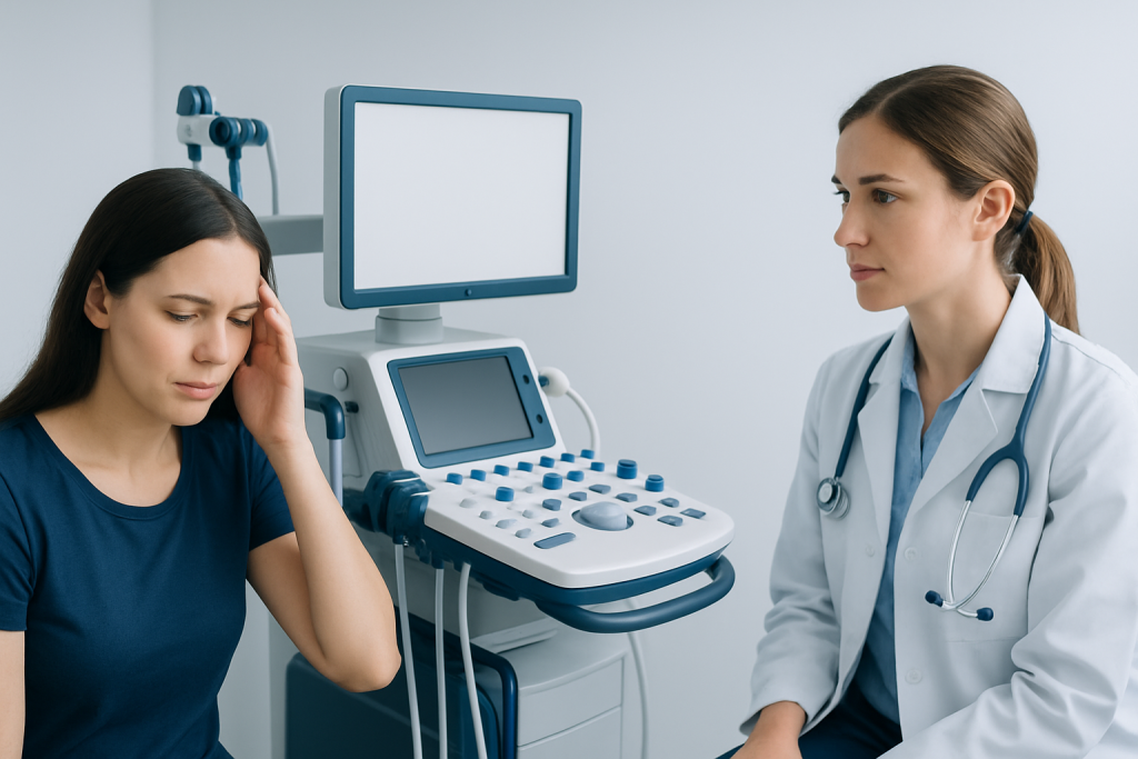 Woman experiencing headache during medical consultation at hospital.