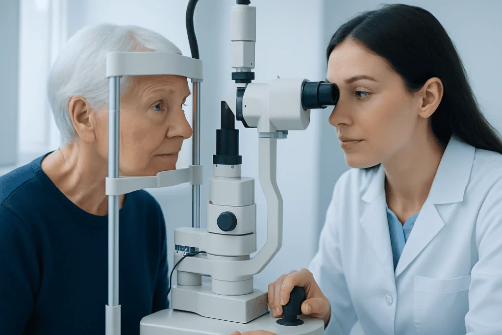 Ophthalmologist examining elderly woman's eye with slit lamp.