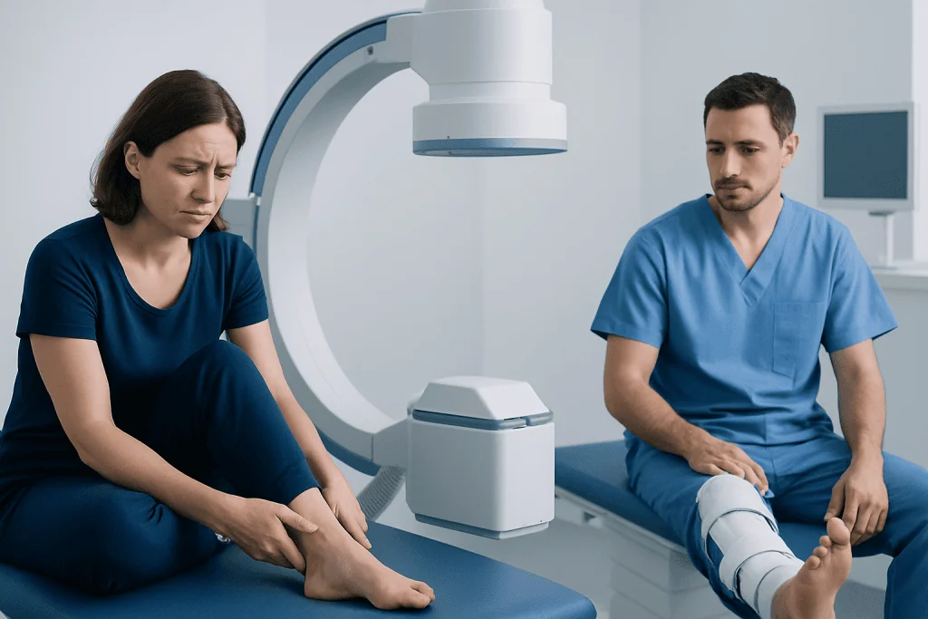 Patient with ankle injury consulting with a doctor in a medical facility.