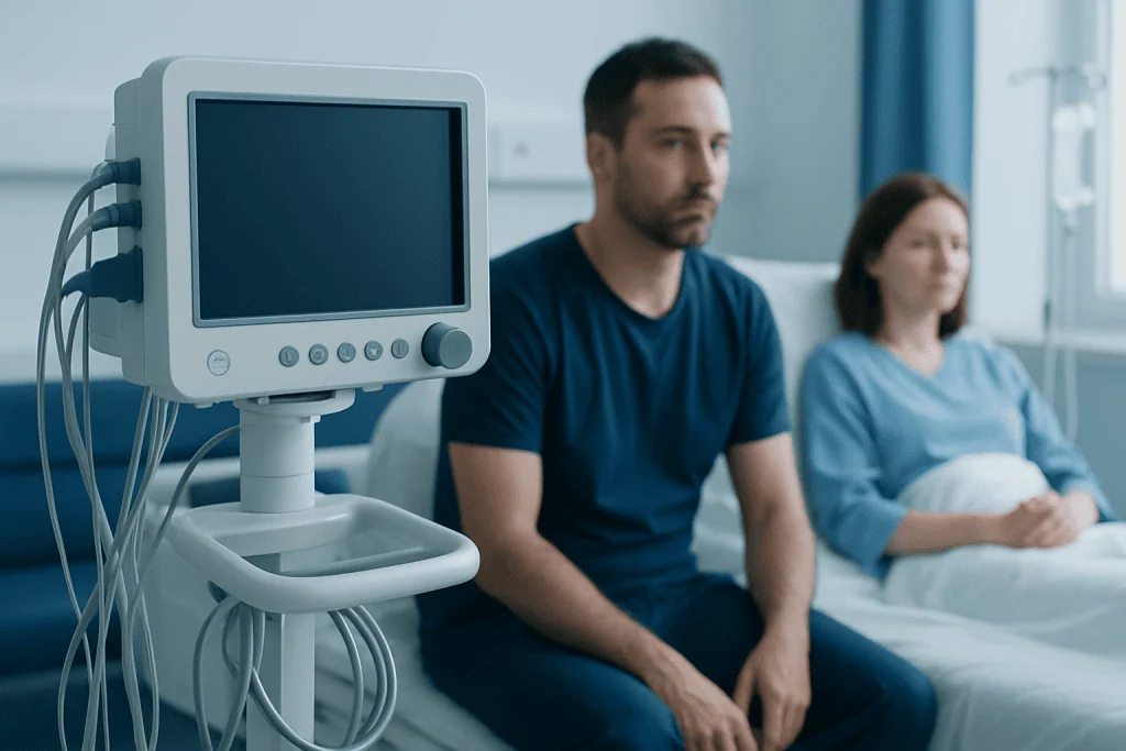 Patient and visitor in hospital room with medical monitor in foreground.