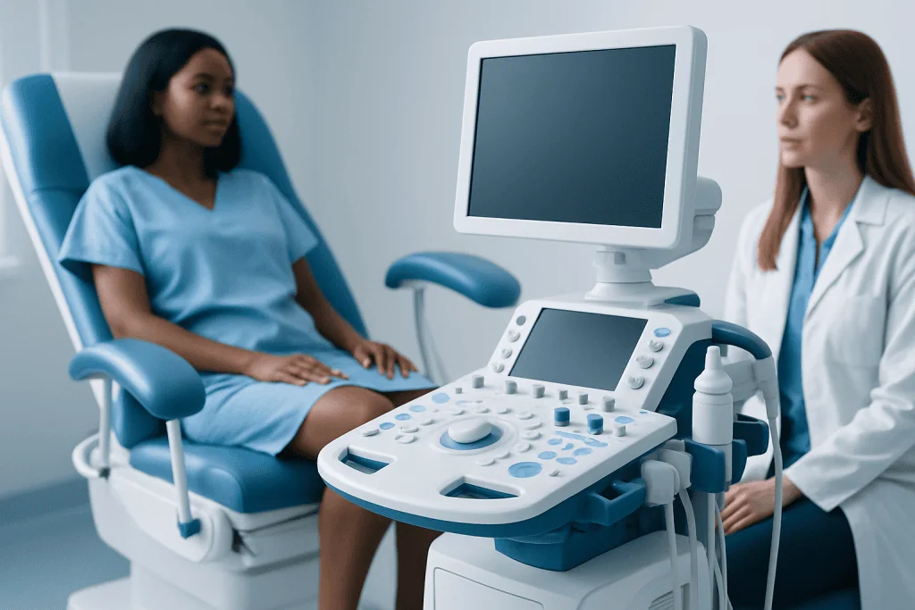 Medical consultation with ultrasound device at a hospital.