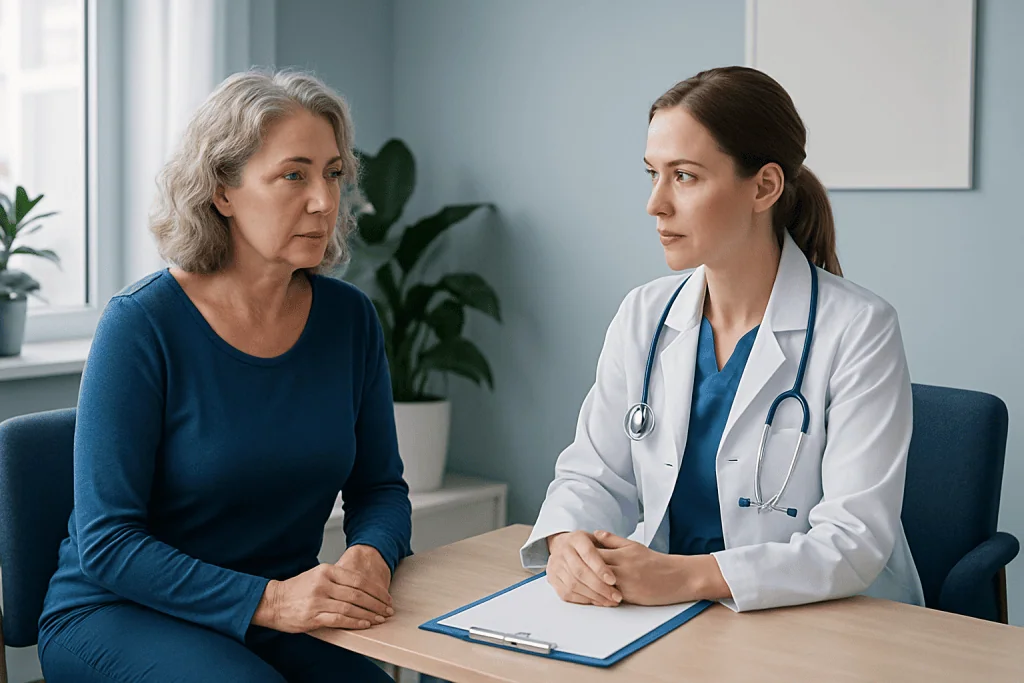 Doctor consulting with an older woman in a medical office setting.