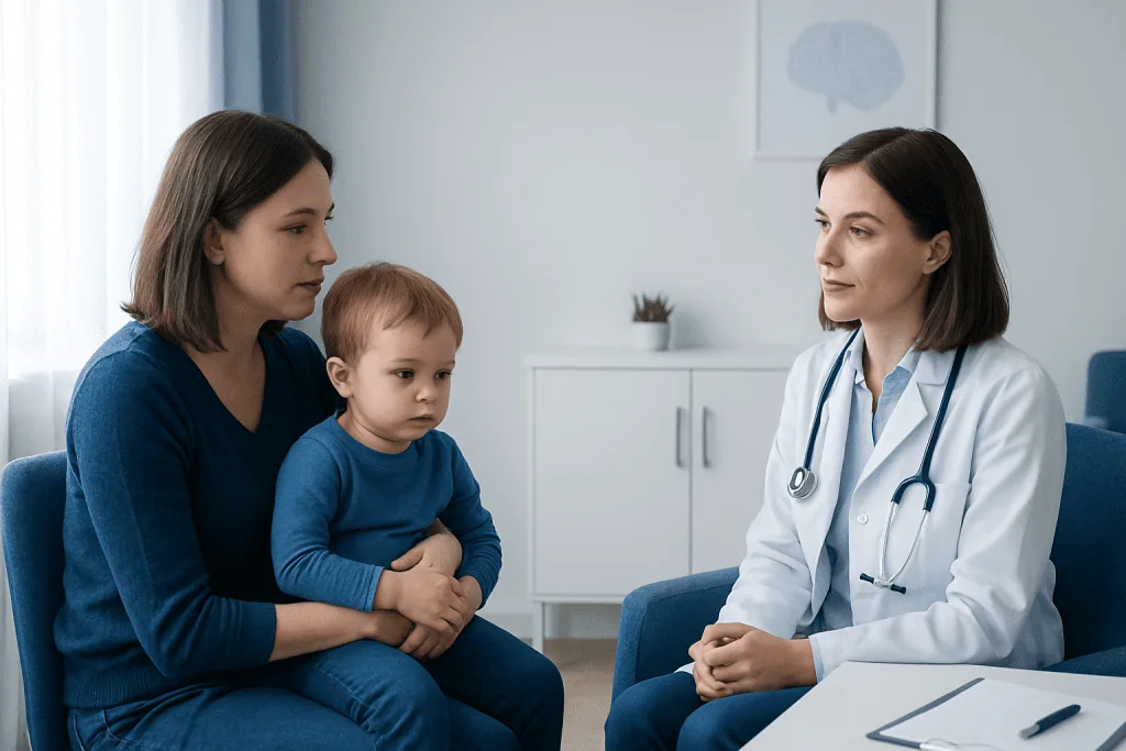 Pediatric neurologist consulting with mother and child in a clinic setting.