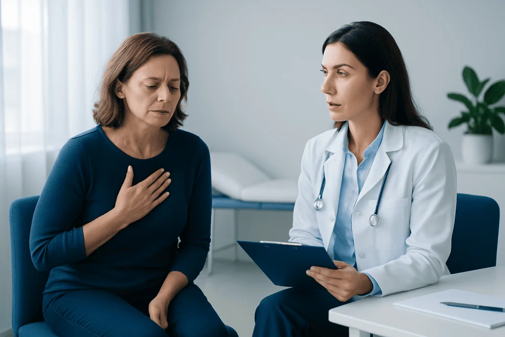 Doctor consulting with a woman patient about heart attack symptoms.