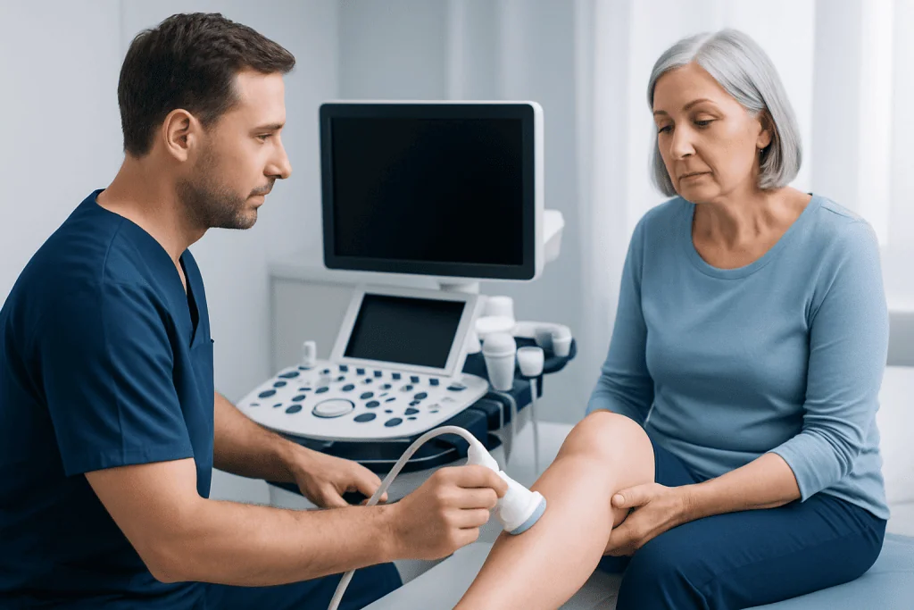 Doctor performing ultrasound examination on patient's knee in clinic.