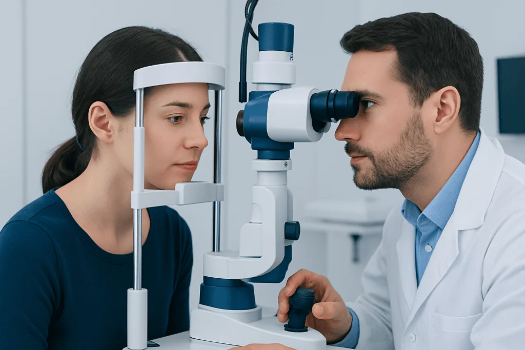 Ophthalmologist examining a patient's eye with a slit lamp microscope.