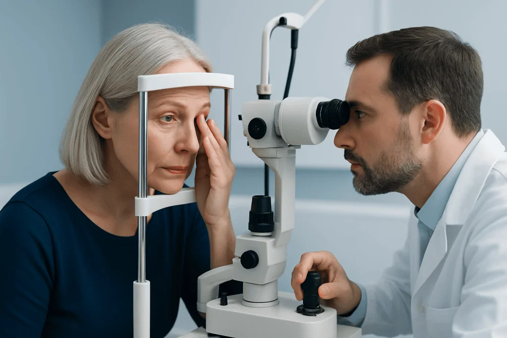 Ophthalmologist examining an elderly woman's eye with a slit lamp.