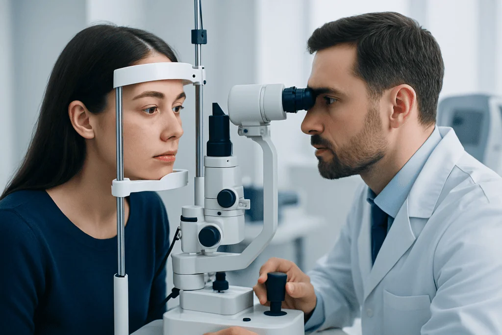 Ophthalmologist examining a woman's eye with a slit lamp in a clinic.