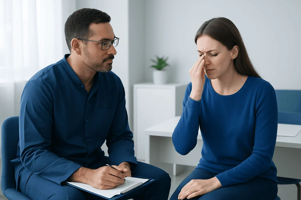 Patient experiencing nasal discomfort during consultation at Acibadem Hospital.