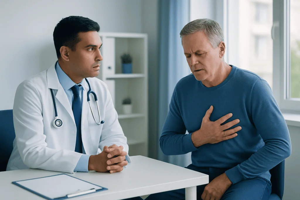Doctor consulting with a man experiencing chest pain in a medical office.