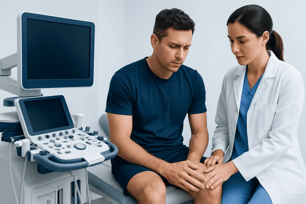 Doctor examining a patient's knee with ultrasound equipment in a clinic.