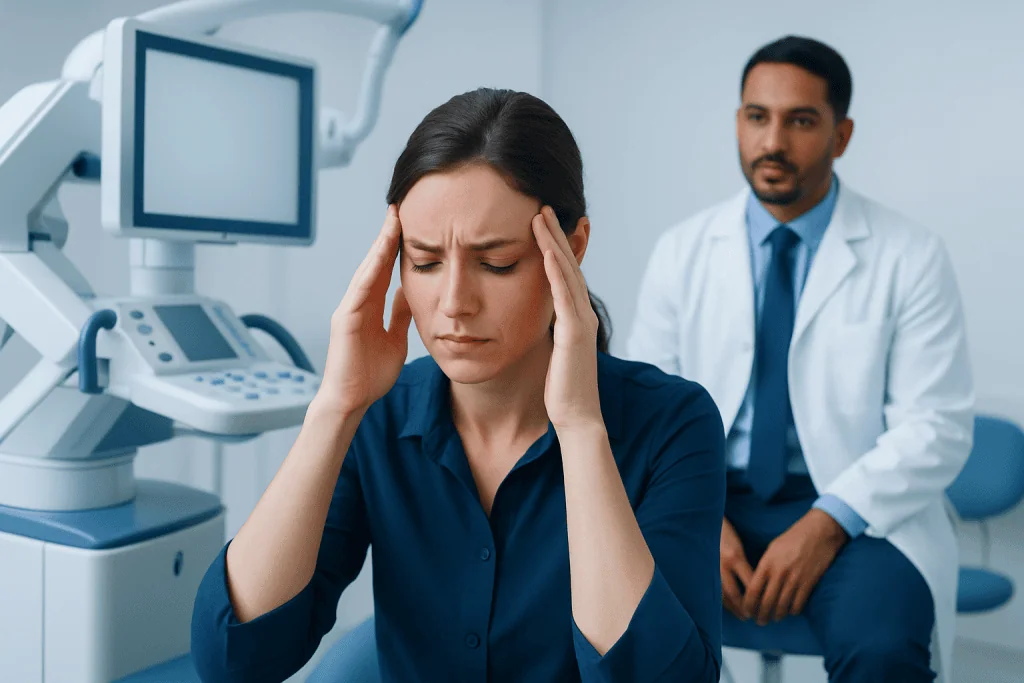 Woman with headache in medical consultation room.