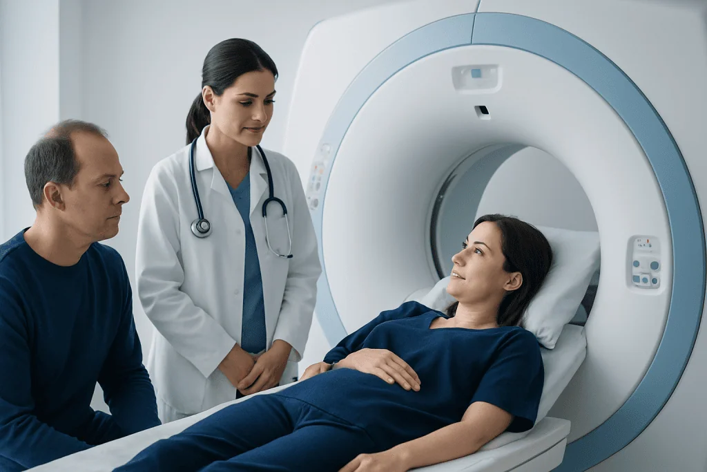 Patient undergoing MRI scan at Acibadem Hospital with medical staff present.