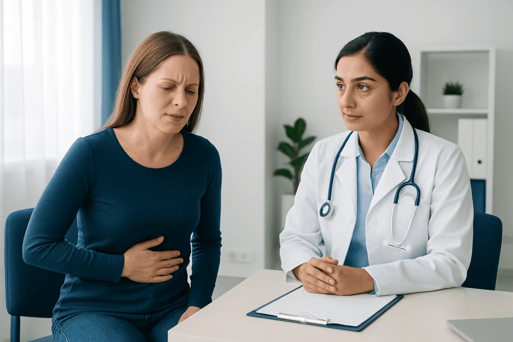 Doctor consulting a woman with stomach pain in a medical office.