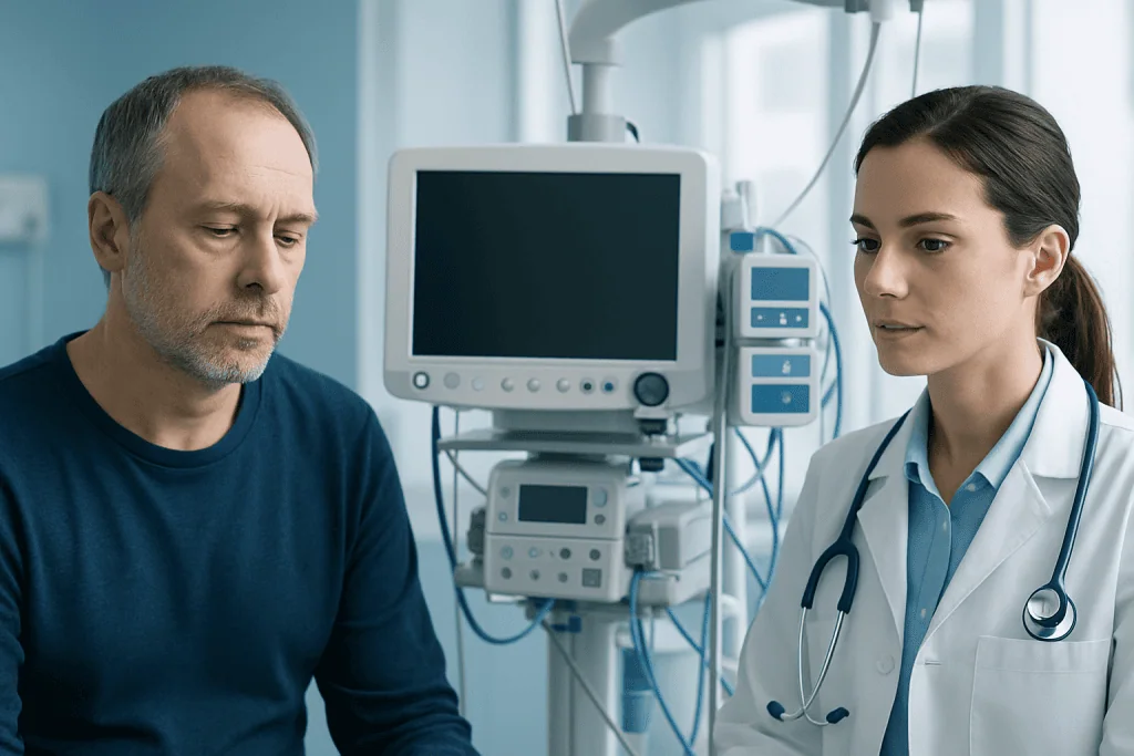 Doctor consulting with patient in hospital room with medical equipment.