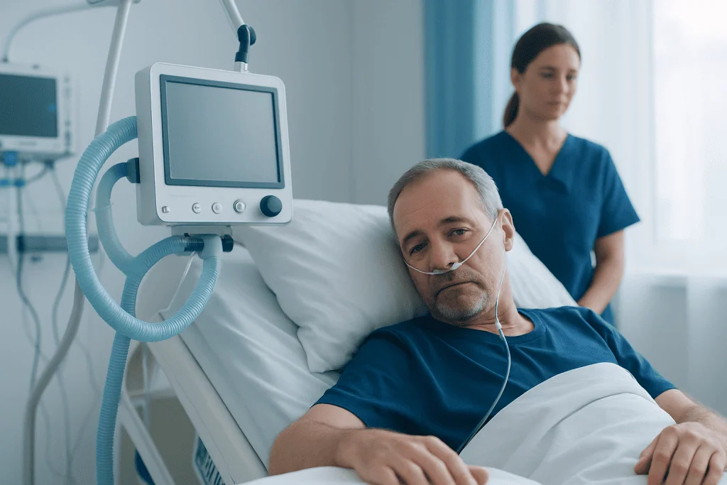 Hospital patient with medical equipment in a hospital room.
